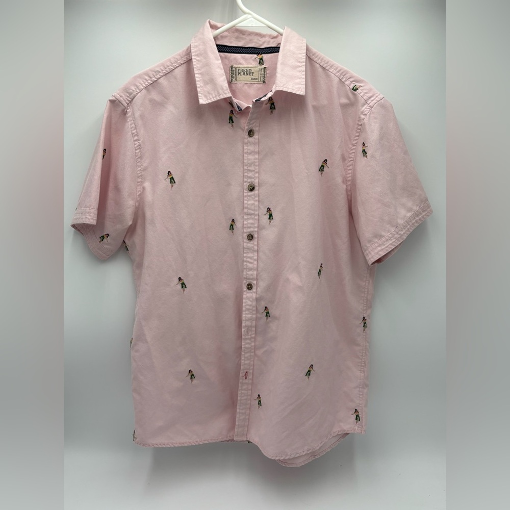 Free Planet Men's Pink Hawaiian Hula Dancer Button Up Shirt Short Sleeve L